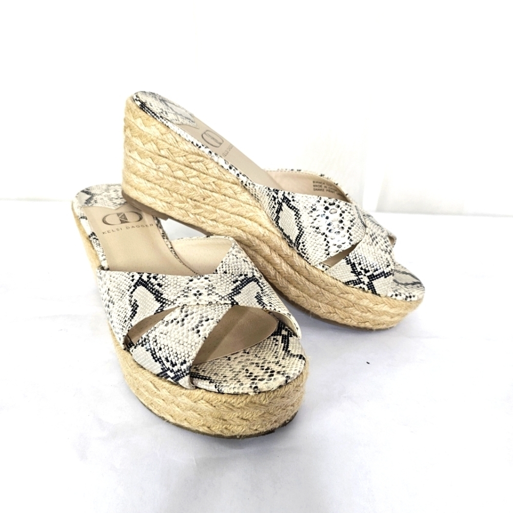 Kelsi Dagger Bianca Beige Snake Patent Criss Cross Wedge Espadrille Sandals 7.5